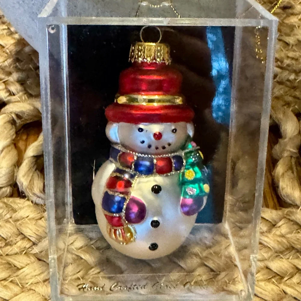 Glass Hand-painted Snowman Christmas Ornament Multi Colored NIB